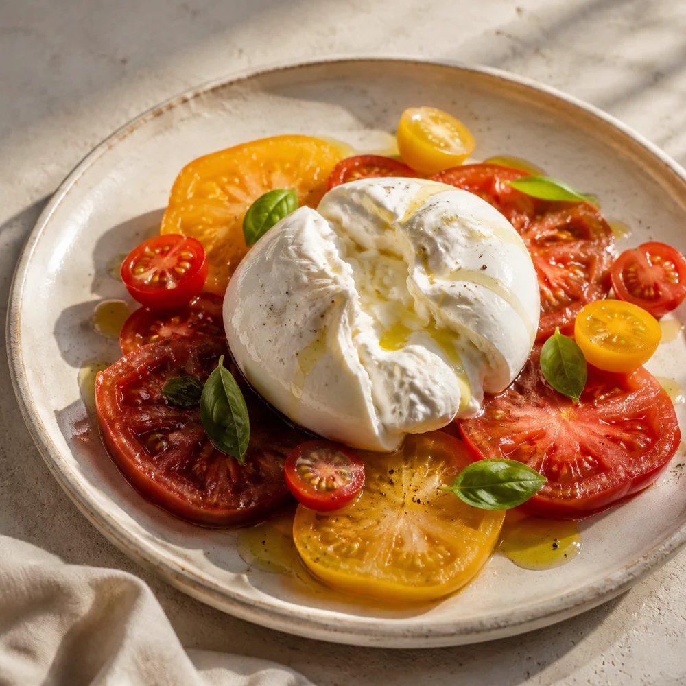 Burrata, pomodori di stagione e basilico su un piatto artigianale